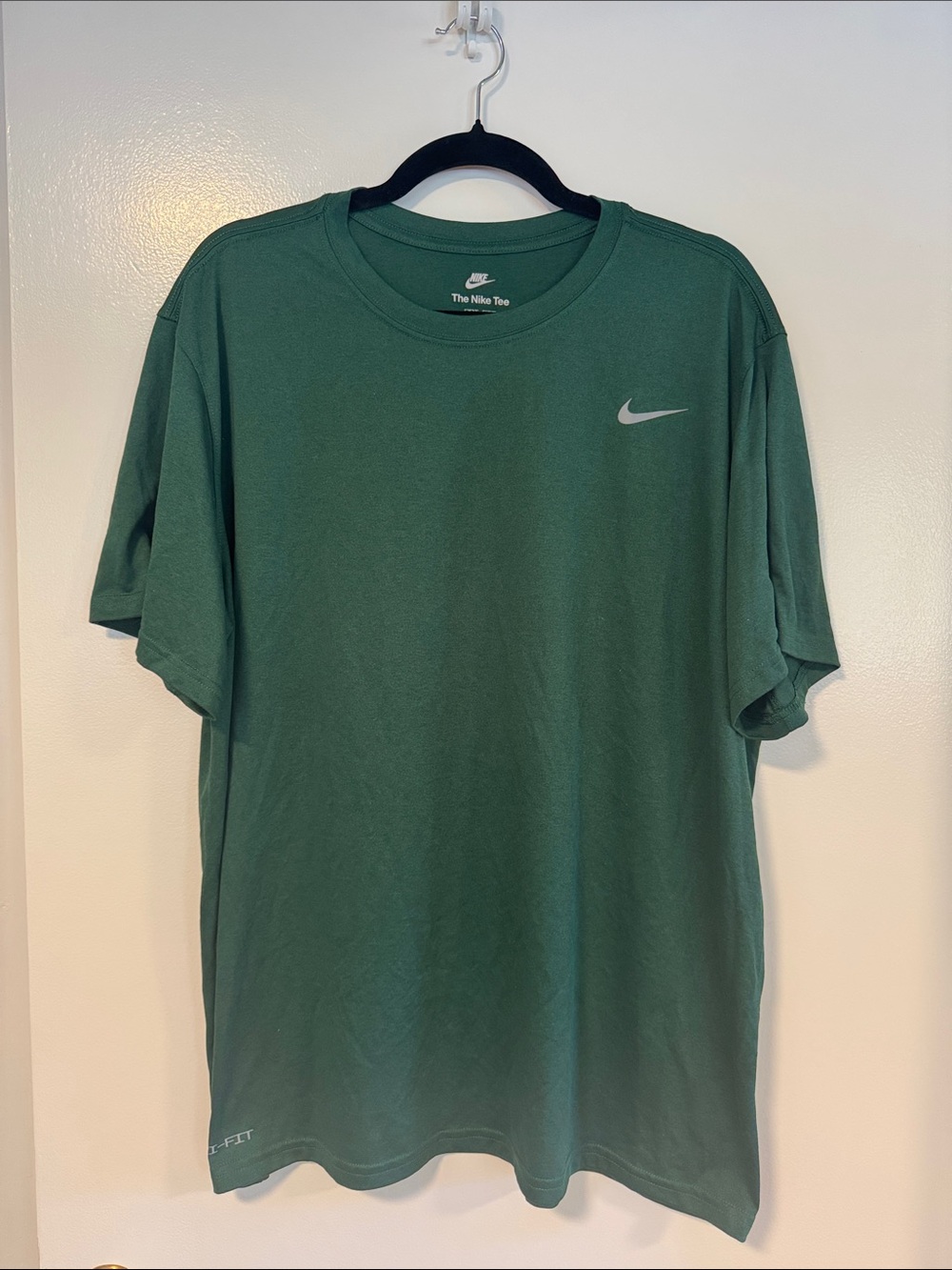 Nike Men's Dark Green Short Sleeve Dri-FIT Tee with Silver Swoosh